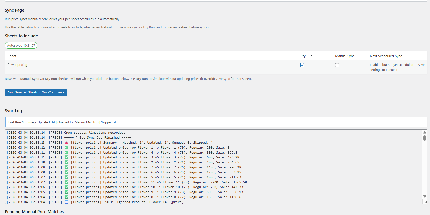 Price Sync Add-On log screenshot