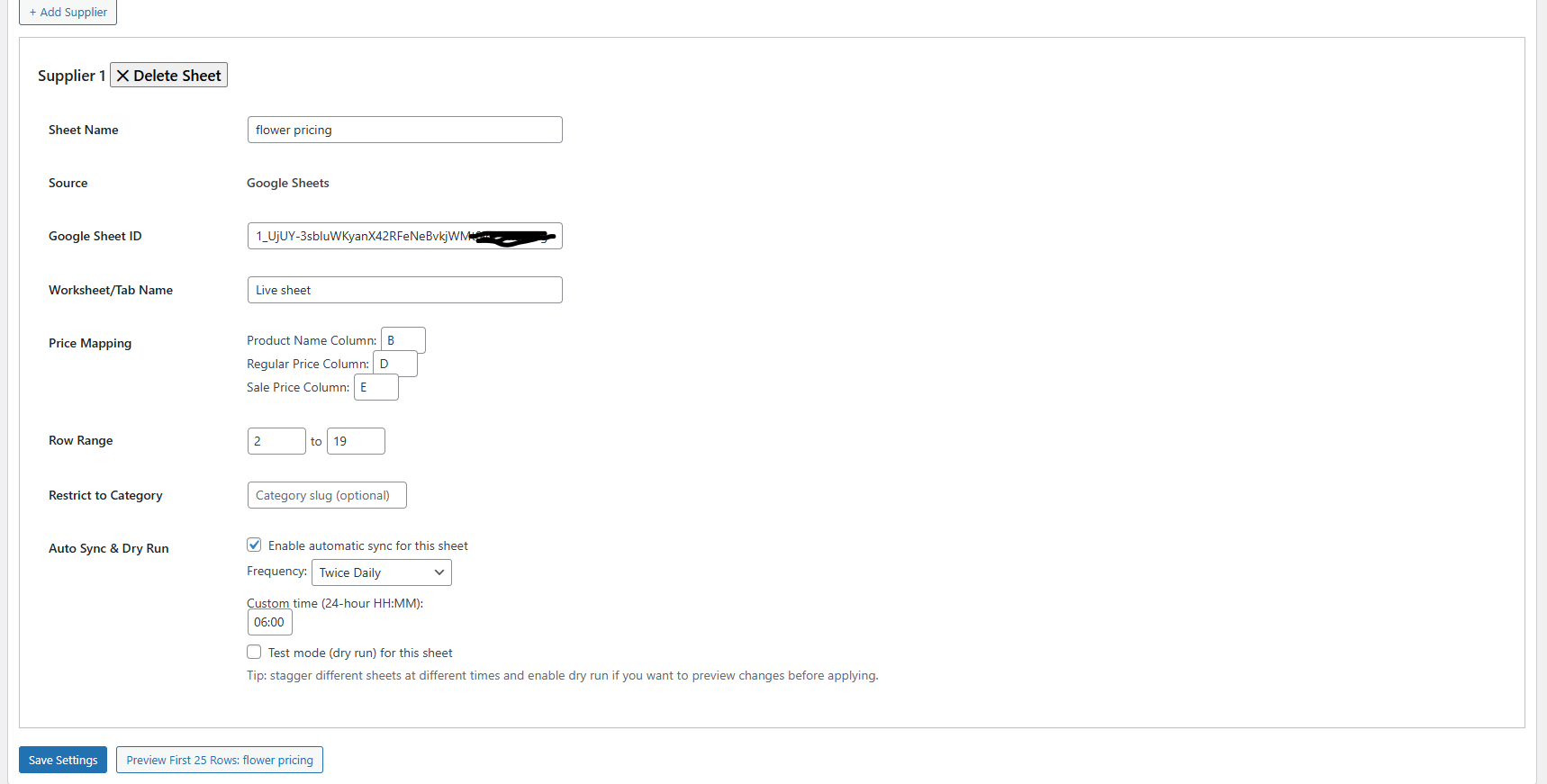 Price Sync Add-On settings screenshot