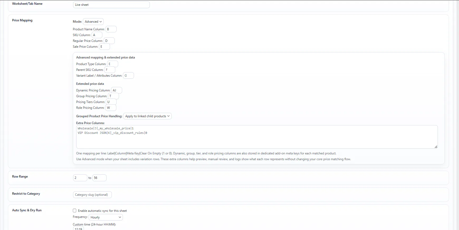 Stock Sync Sheets Price Sync settings screenshot