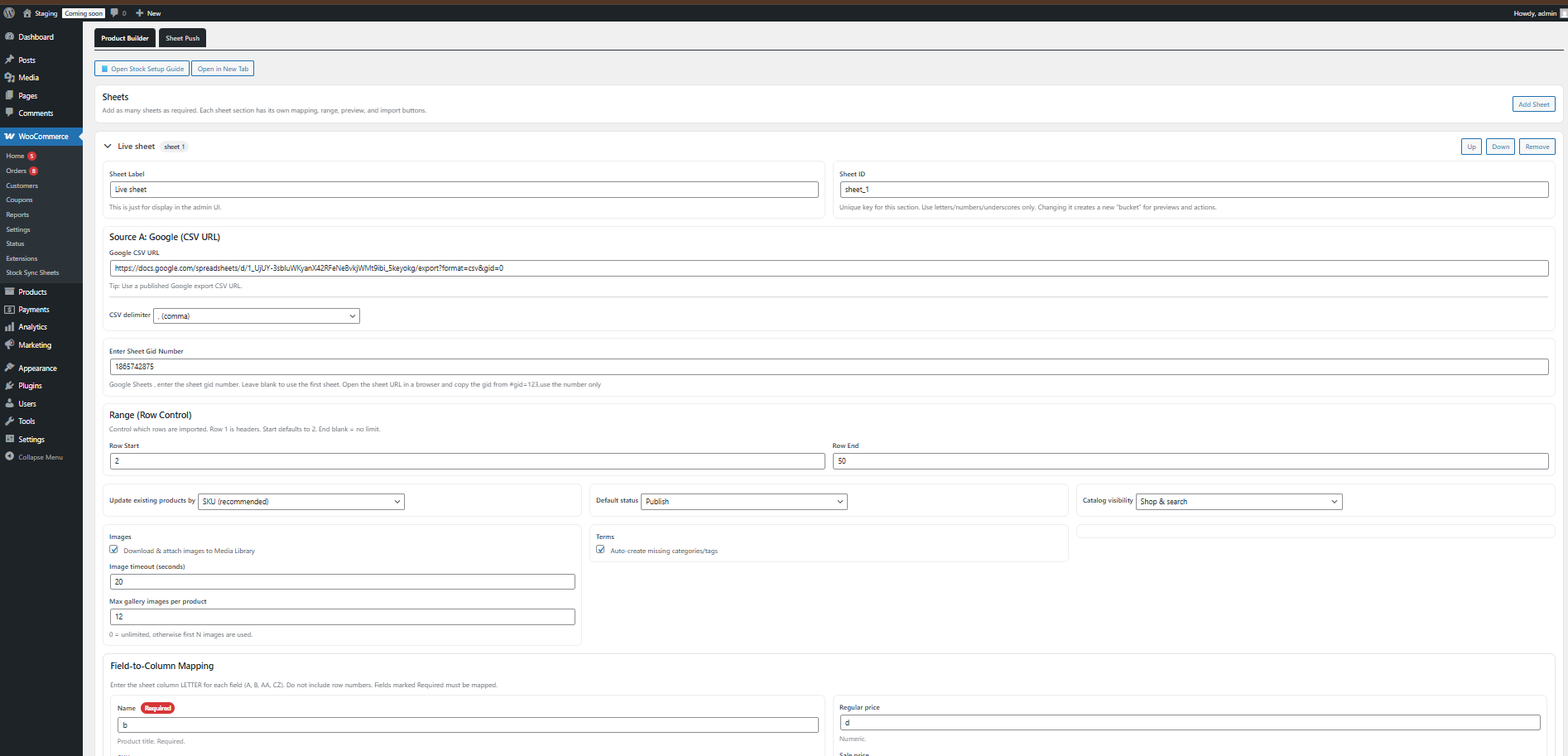 Product Builder page showing WooCommerce product creation from Google Sheets