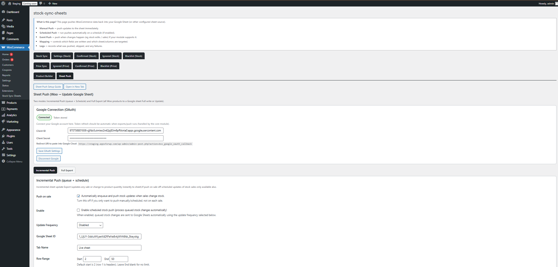 Sheet Push page showing WooCommerce stock changes being pushed back to Google Sheets