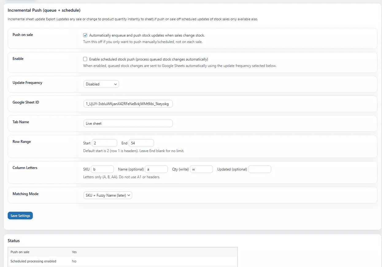 WooCommerce to Google Sheets Sheet Push page showing real-time stock and sale changes being pushed back to Google Sheets