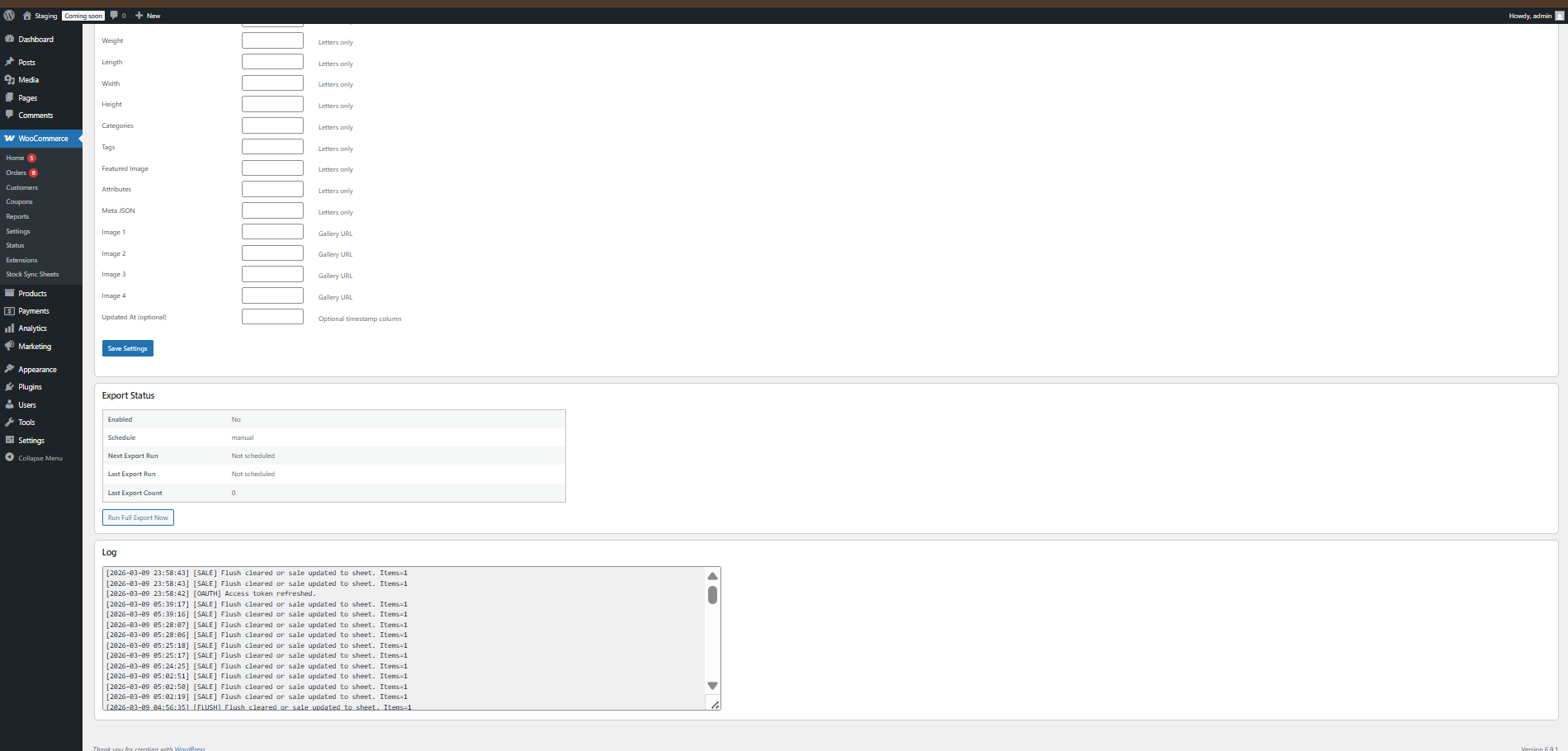 Sheet Push full export log screenshot