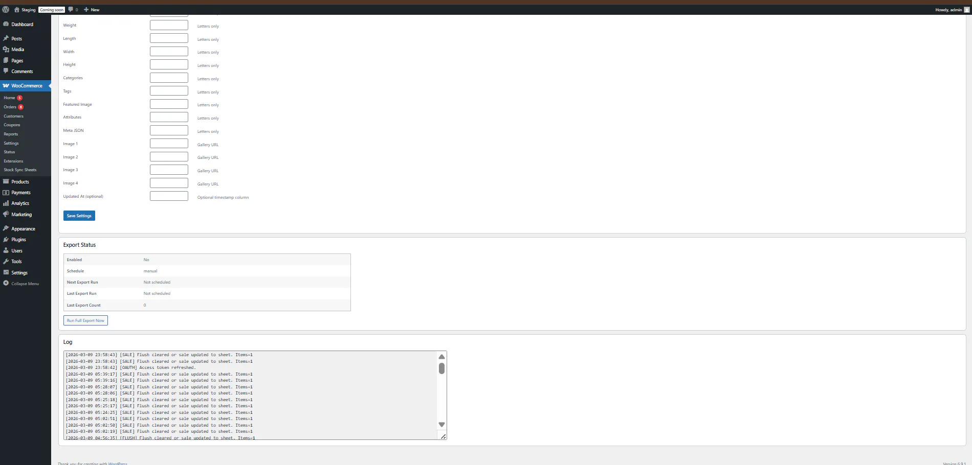 WooCommerce to Google Sheets full export log screenshot