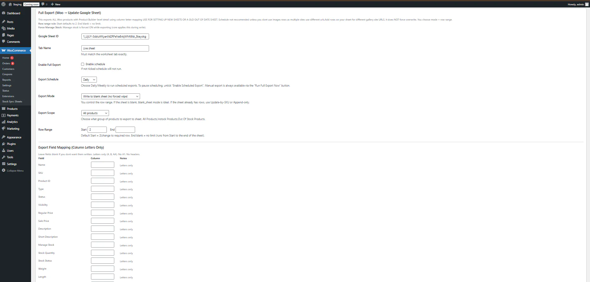 WooCommerce to Google Sheets full export page screenshot