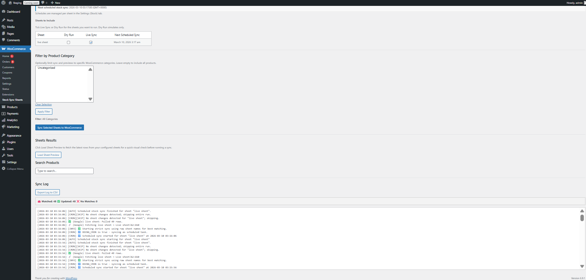Stock Sync Sheets WooCommerce stock sync results and workflow screenshot