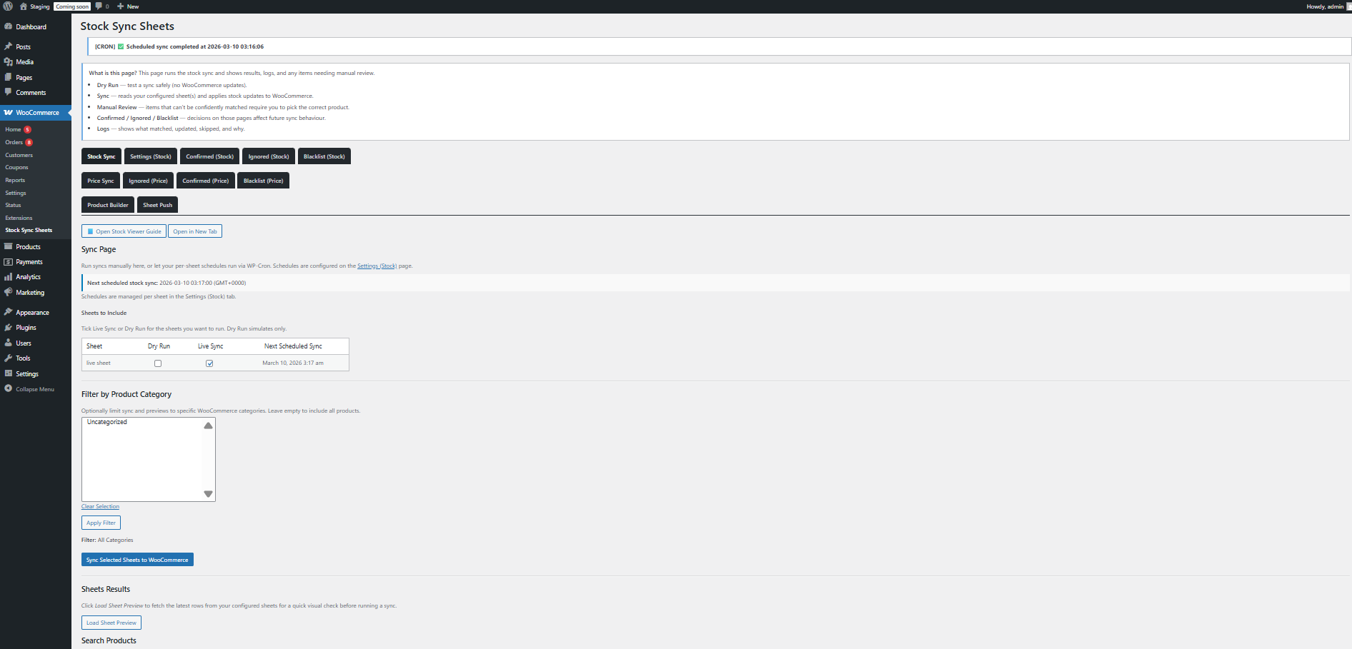 Stock Sync Sheets sync page showing WooCommerce stock sync from Google Sheets