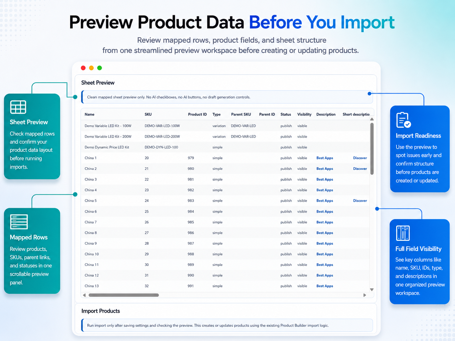 Stock Sync Sheets preview product data before import screenshot