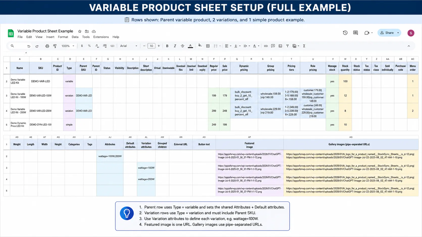 Google Sheets spreadsheet prepared for WooCommerce stock management