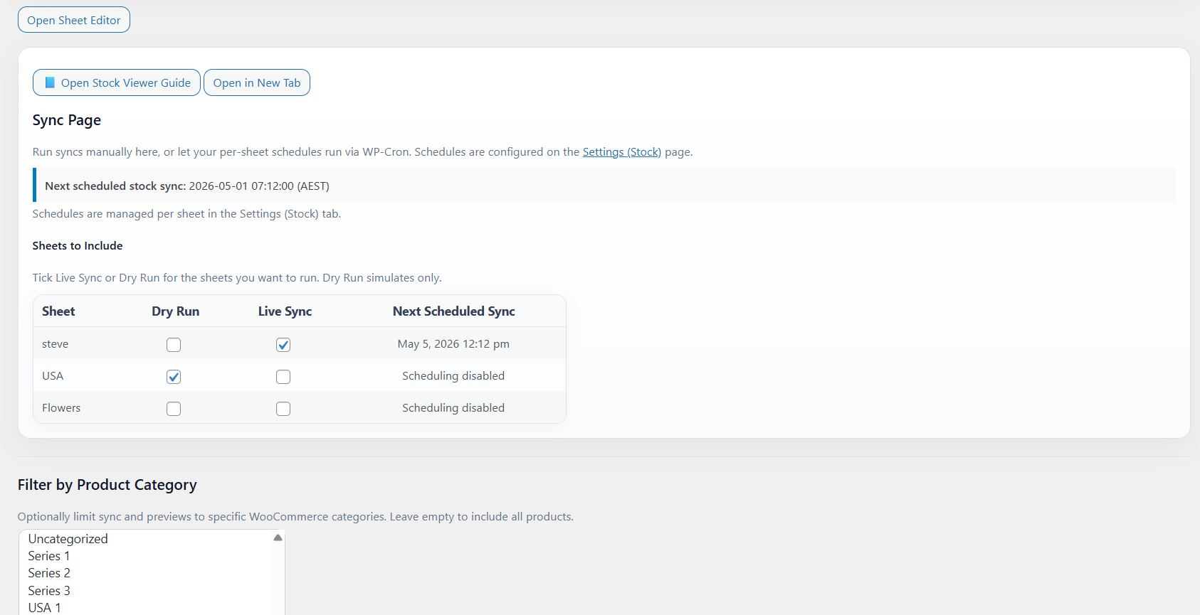 Stock Sync Sheets sync page for WooCommerce and Google Sheets