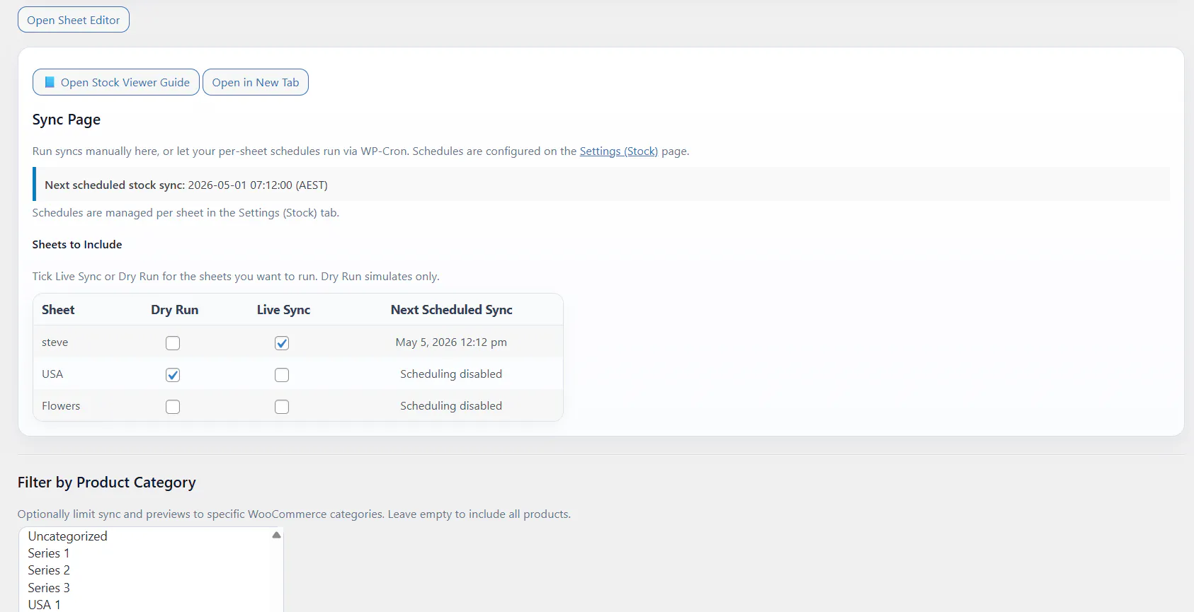 Stock Sync Sheets sync page for WooCommerce and Google Sheets