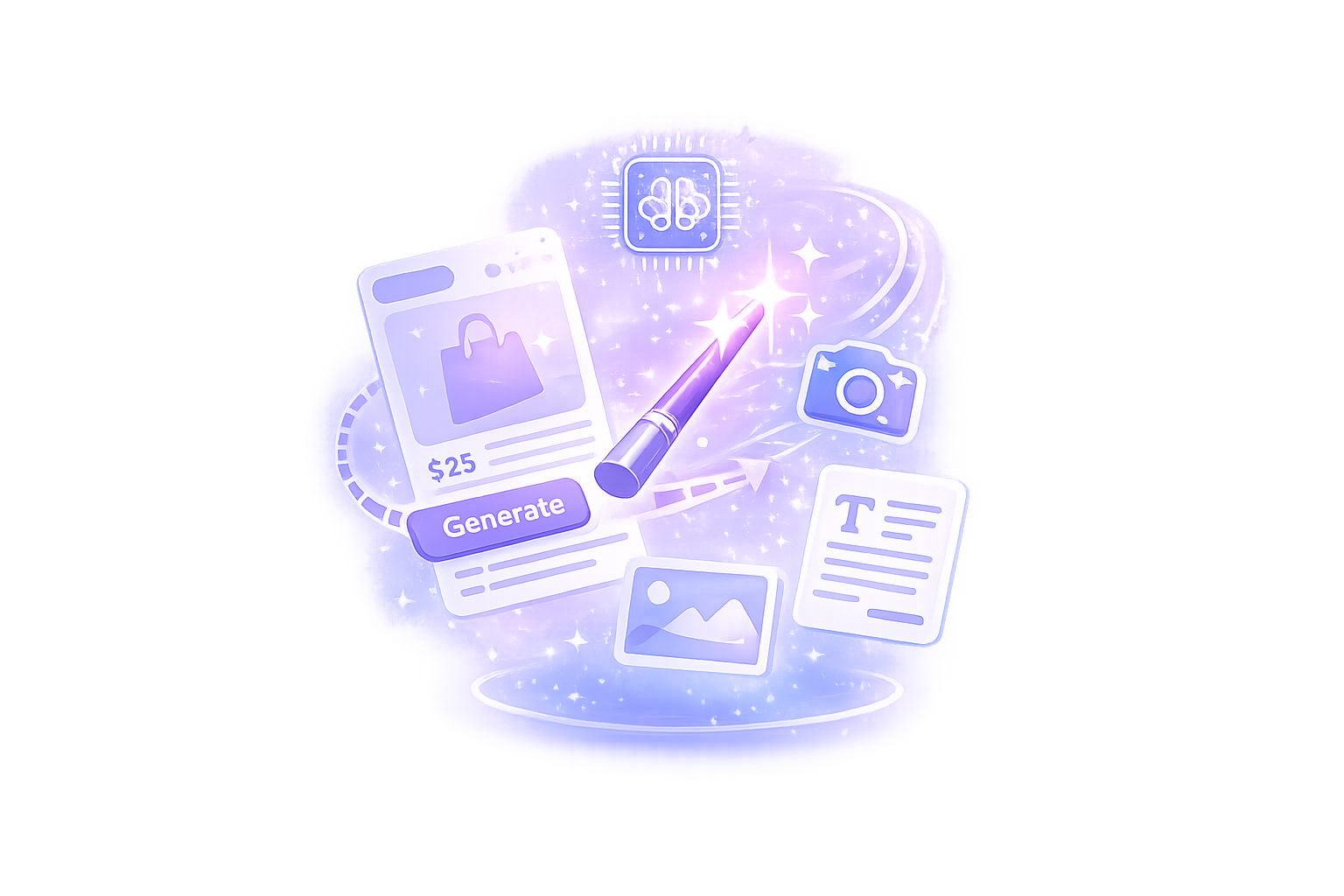 AI Product Builder icon showing AI generating WooCommerce product content, product images and descriptions.