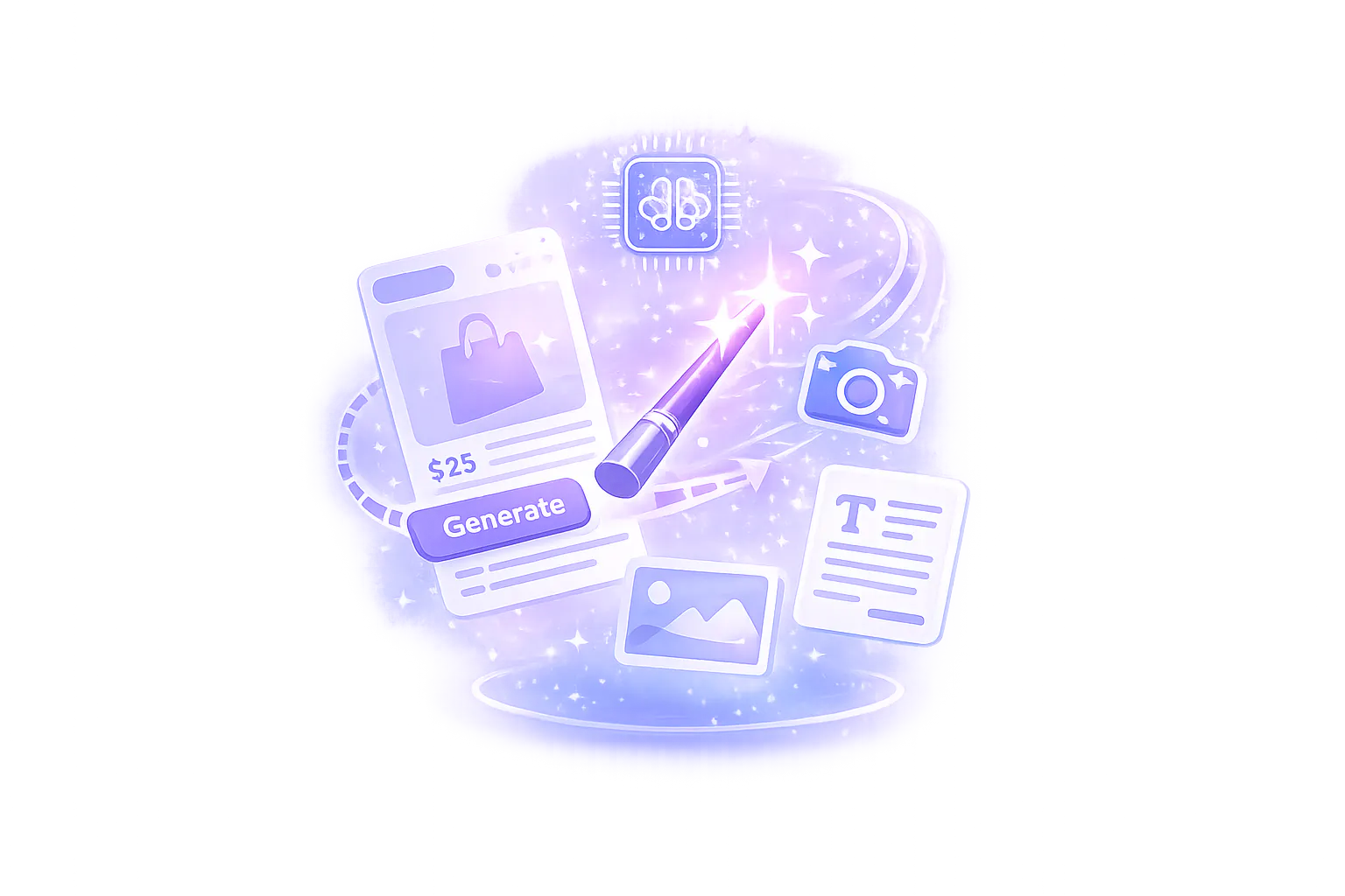 AI Product Builder icon showing AI generating WooCommerce product content, product images and descriptions.