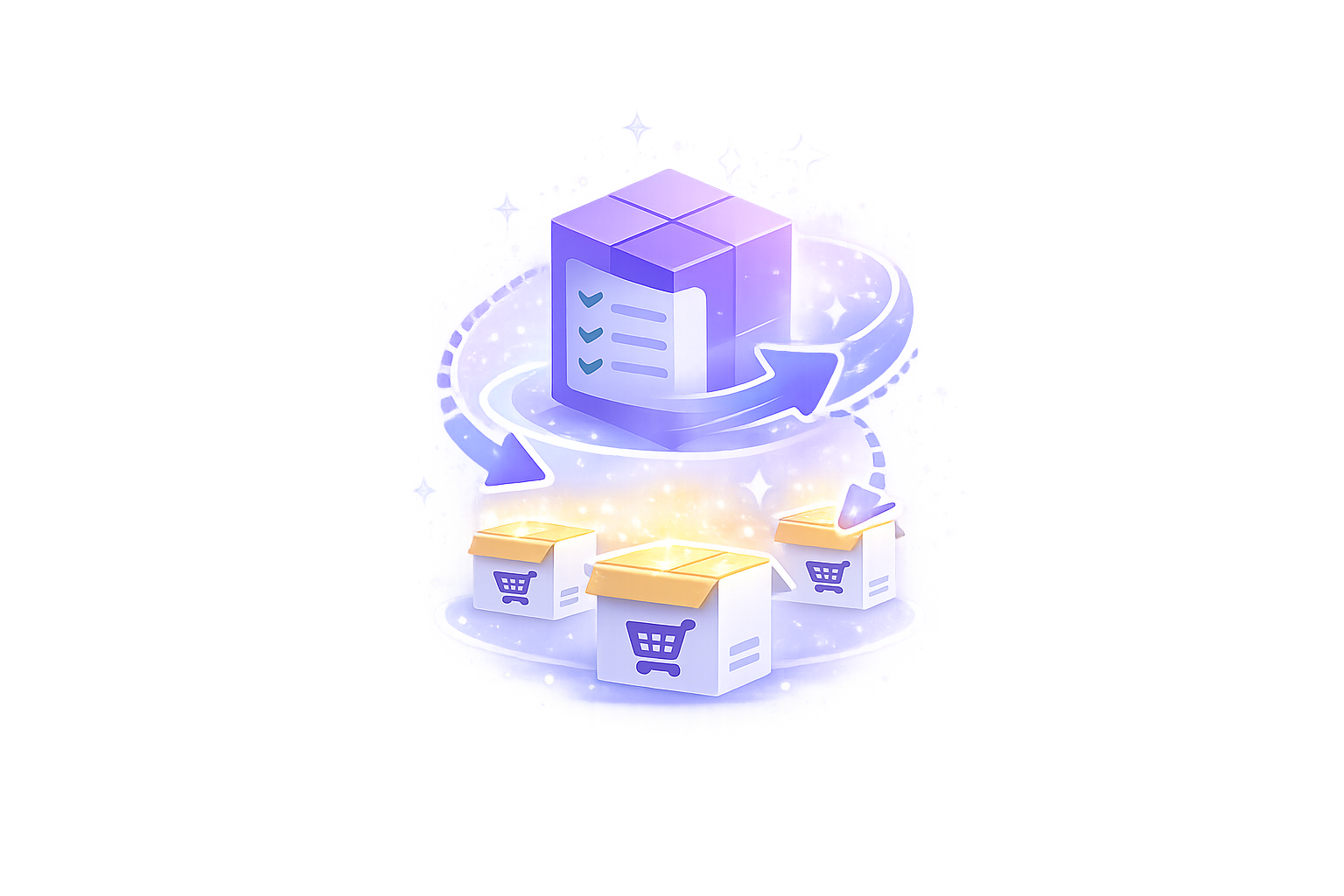 Product Builder icon showing a WooCommerce product being created and distributed into multiple product boxes.