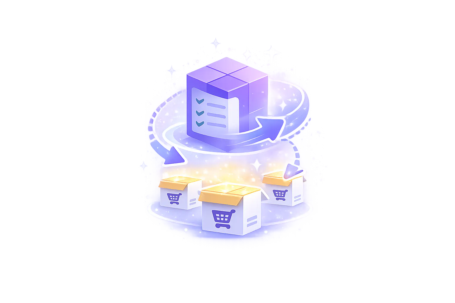 Product Builder icon showing a WooCommerce product being created and distributed into multiple product boxes.