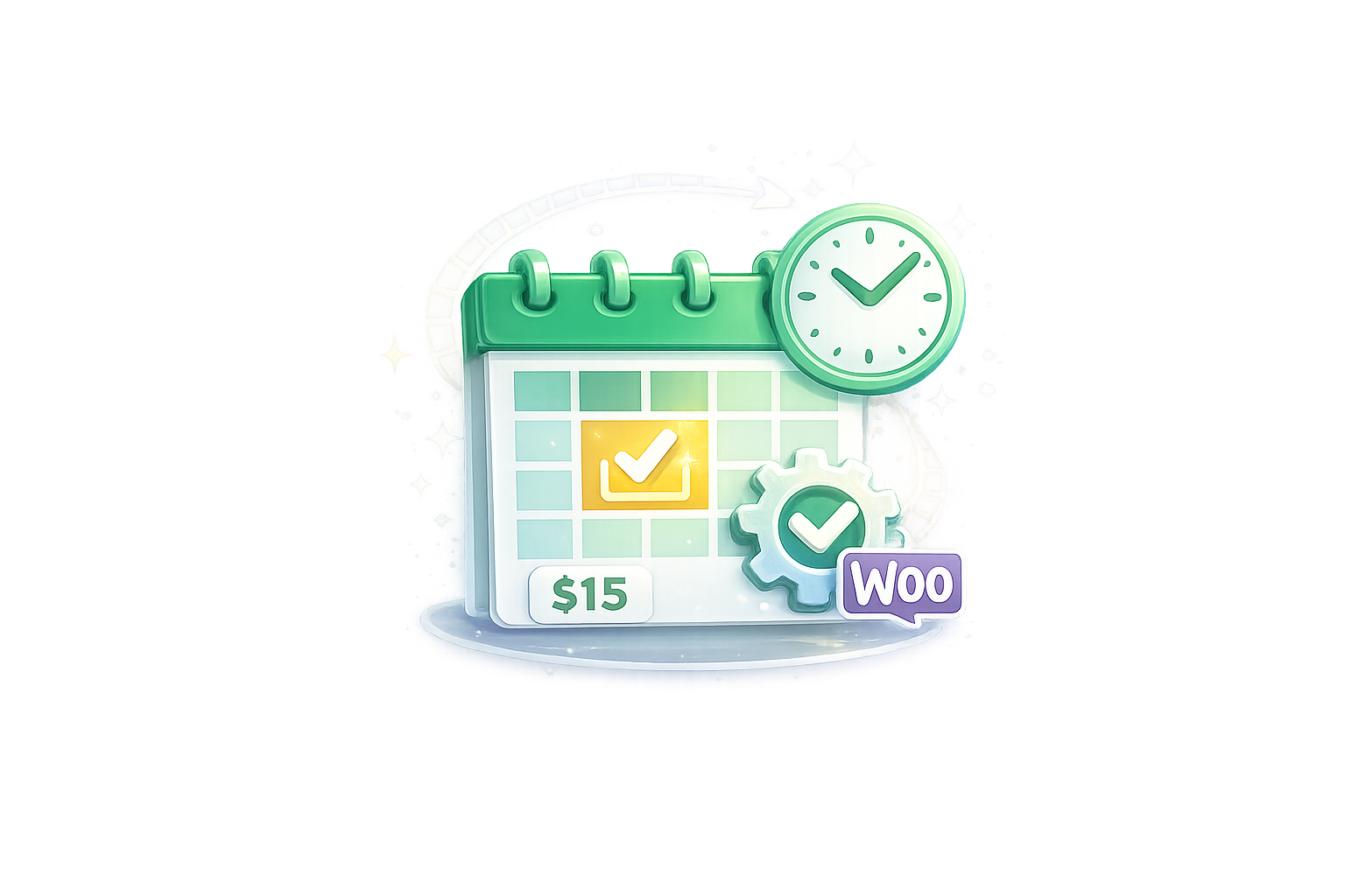 Stock Scheduler icon showing a WooCommerce stock sync schedule with a calendar, clock, automation settings and confirmed update.