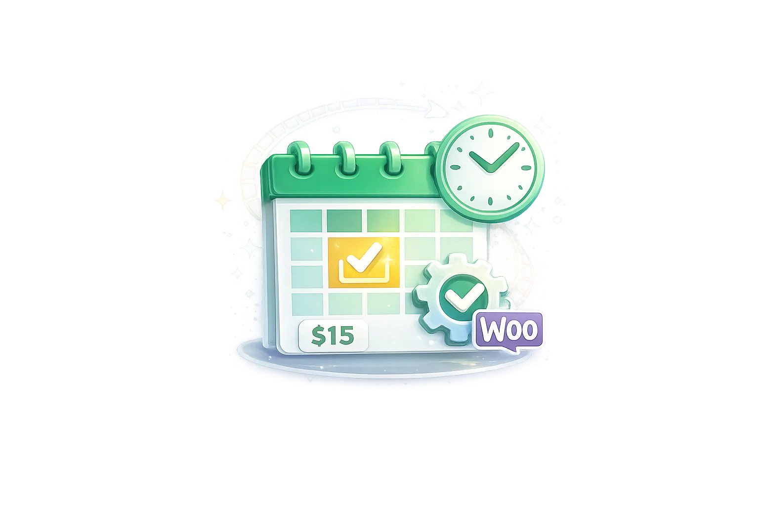 Stock Scheduler icon showing a WooCommerce stock sync schedule with a calendar, clock, automation settings and confirmed update.