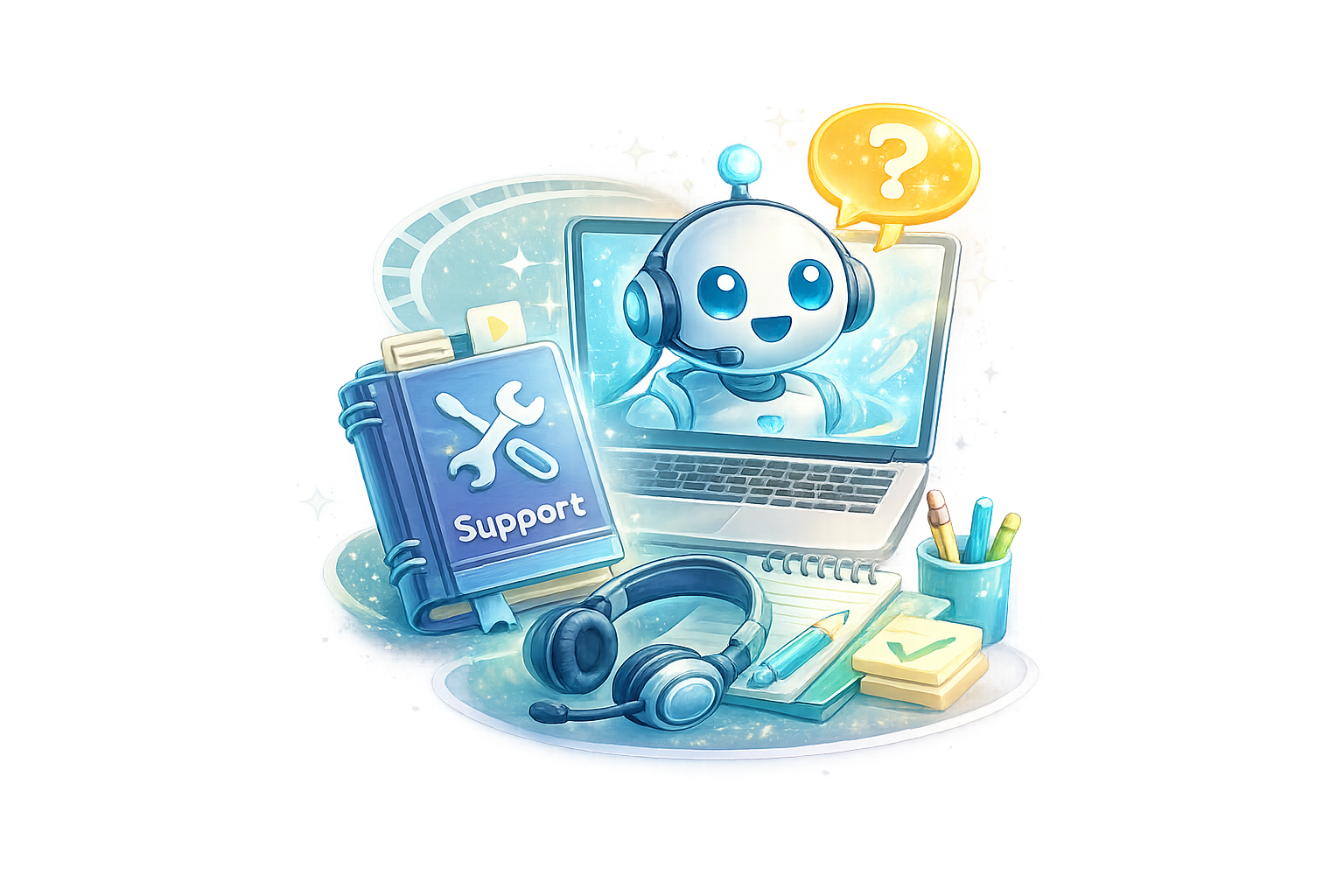 Support icon showing a friendly help assistant, support guides, headset and WooCommerce setup assistance.