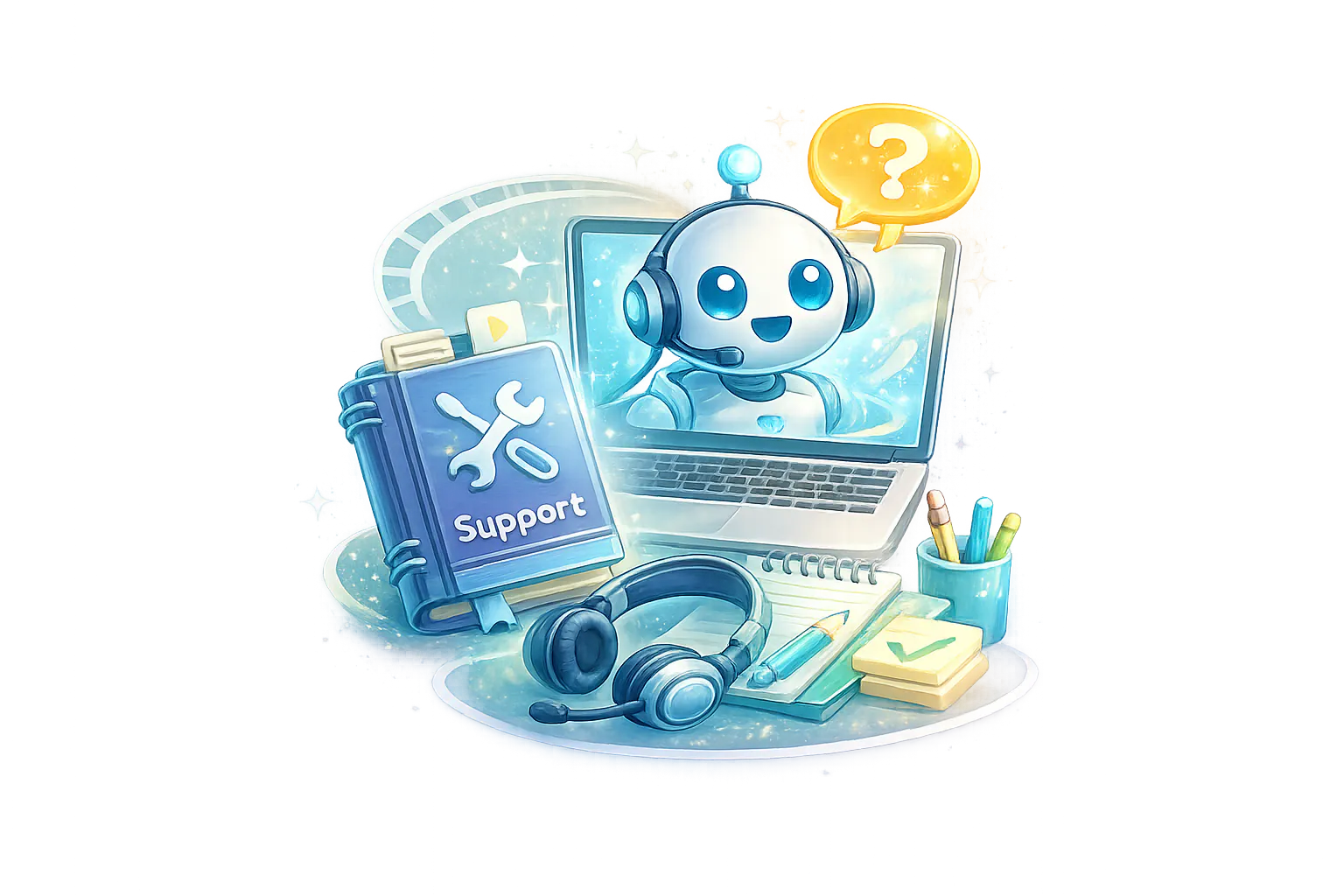 Support icon showing a friendly help assistant, support guides, headset and WooCommerce setup assistance.