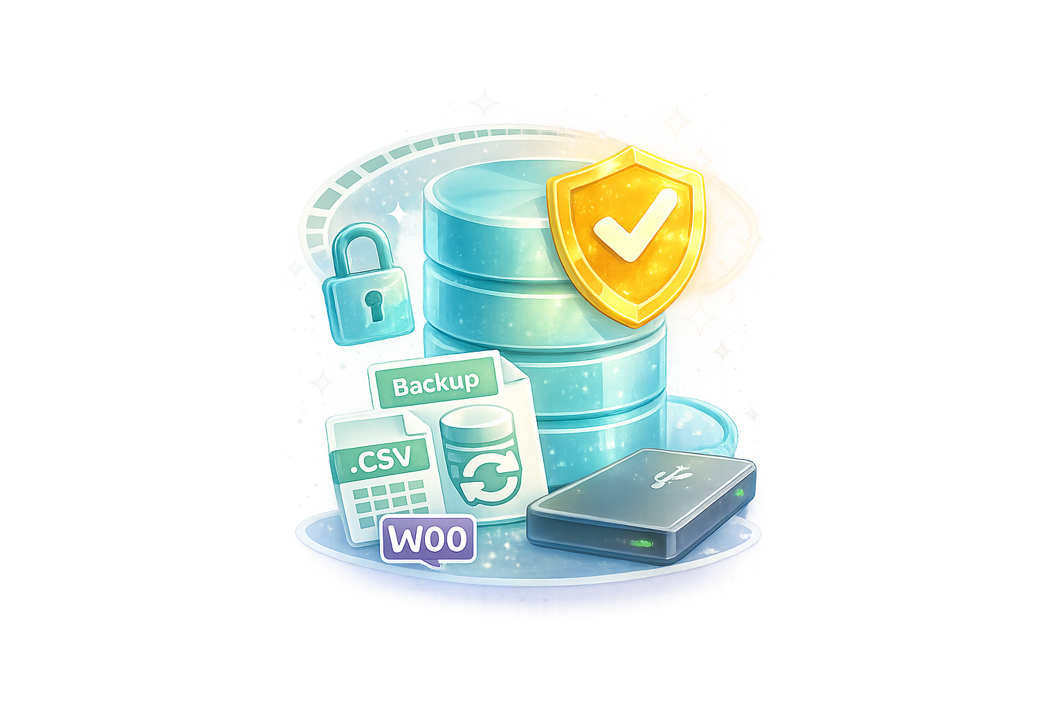 WooCommerce backup icon showing protected store data, CSV export files and a secure backup drive.