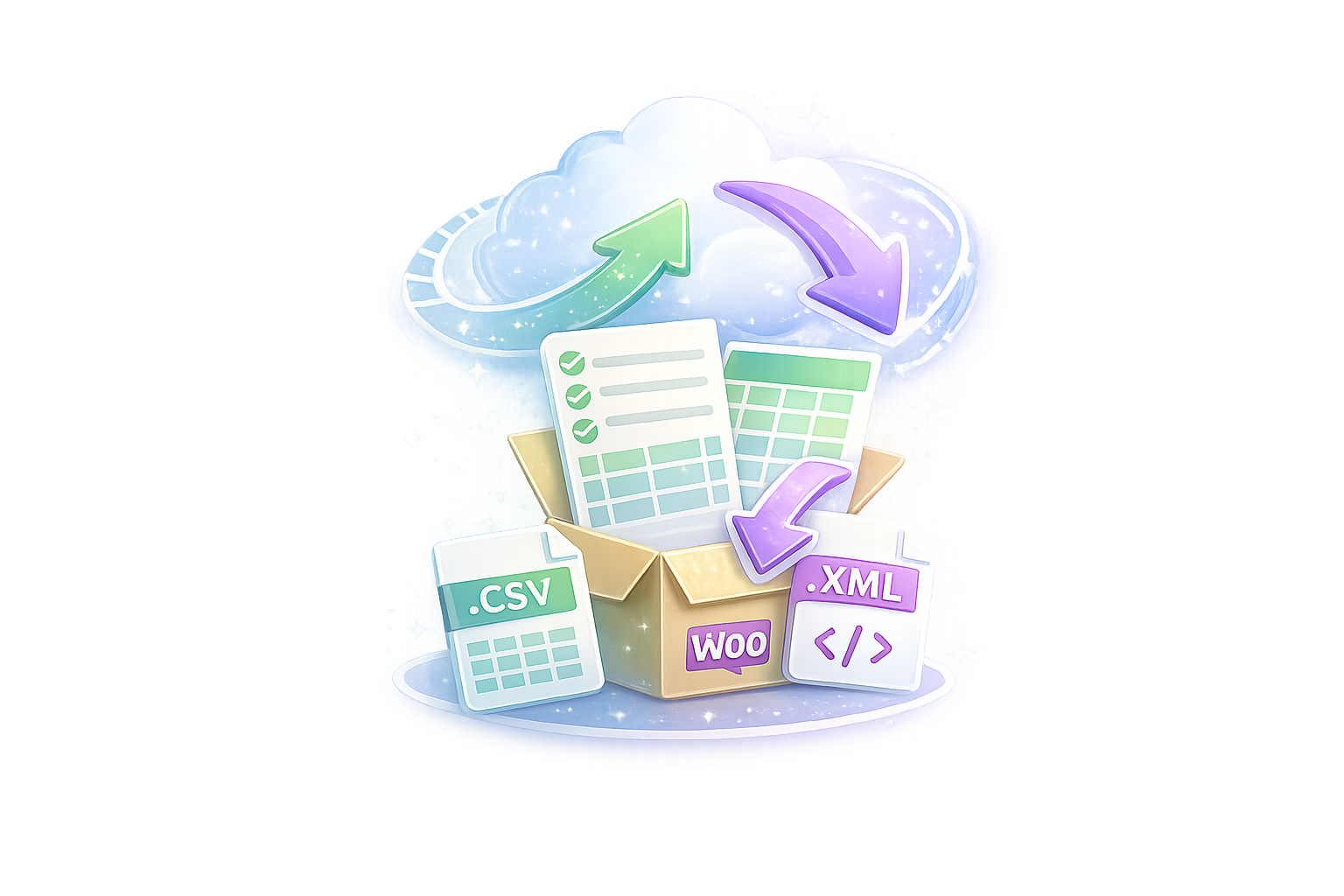 WooCommerce import and export icon showing product data, CSV files, XML files and spreadsheets moving between cloud storage and a product data box.