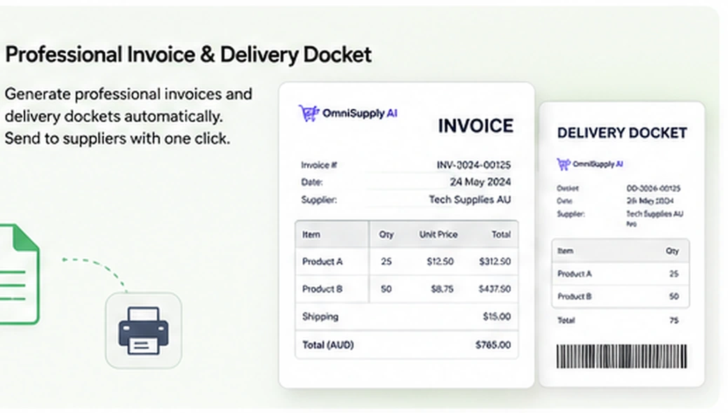 AI purchase-order draft and delivery docket workflow in OmniSupply AI Pro