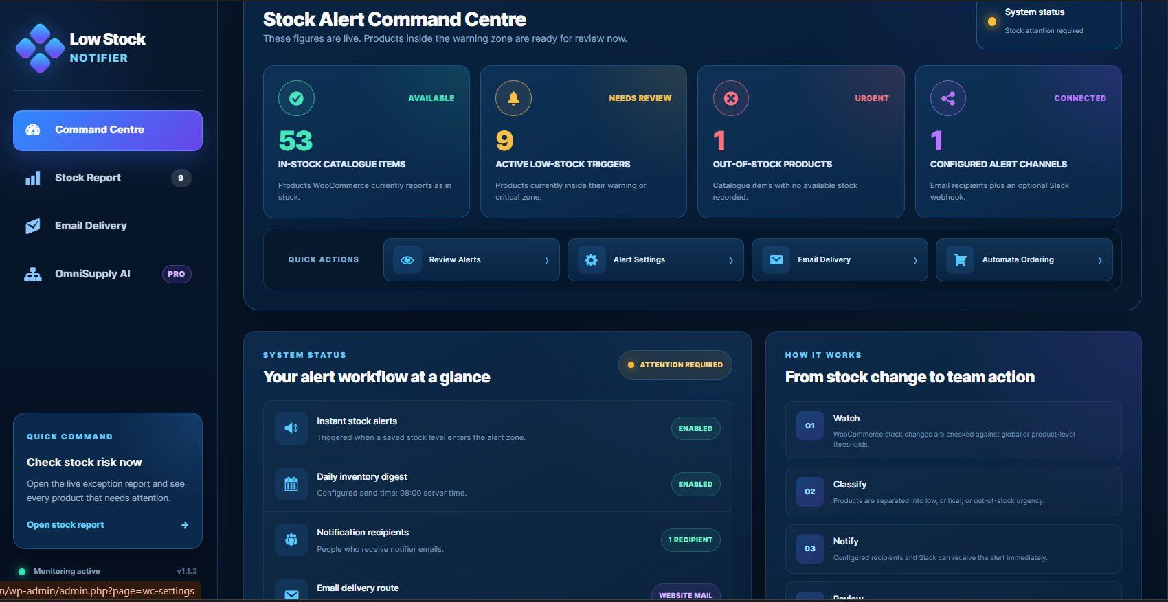 Low Stock Notifier for WooCommerce console showing stock alert settings and notification controls