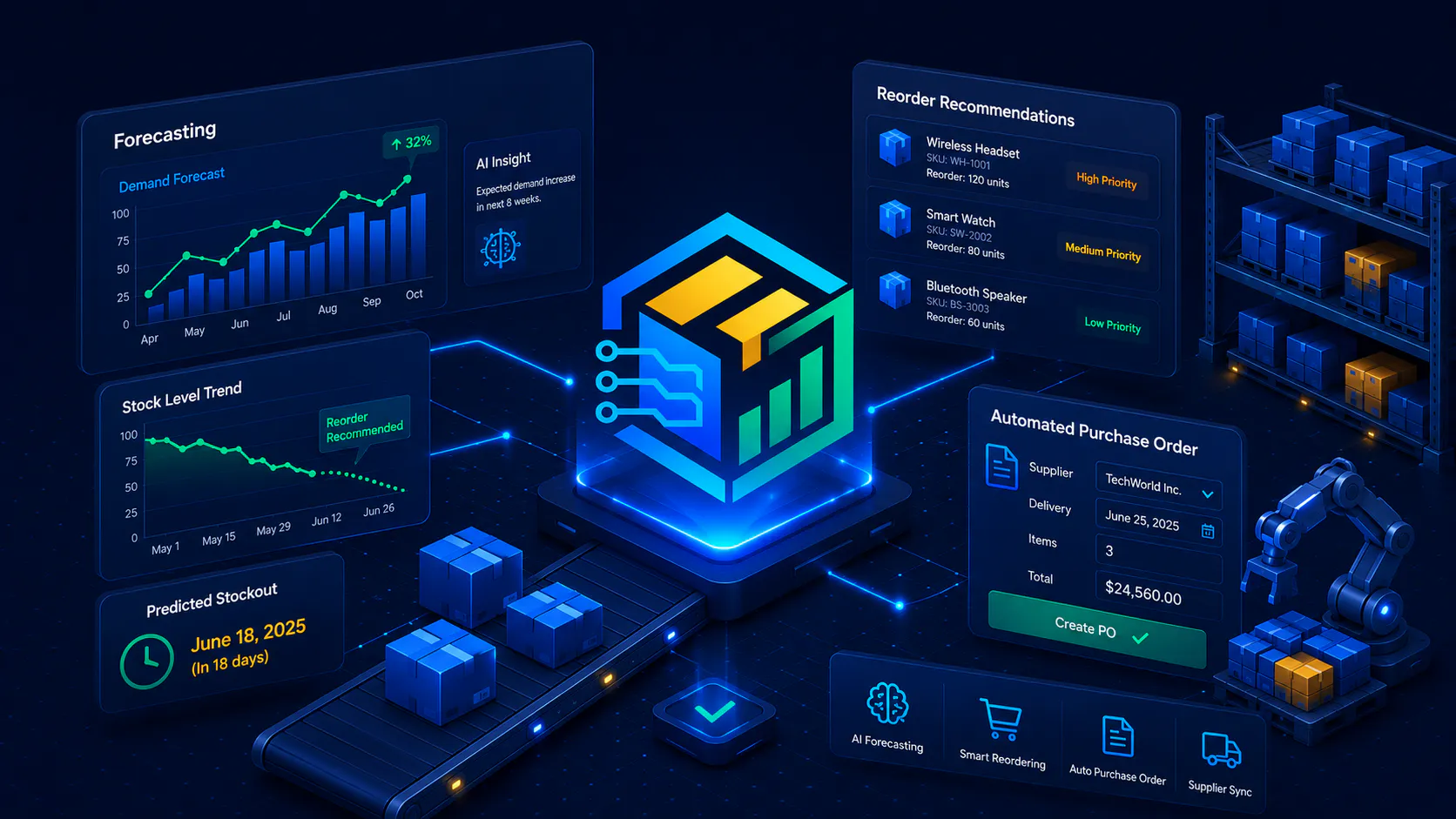 OmniSupply AI stock forecasting and reordering screen for WooCommerce