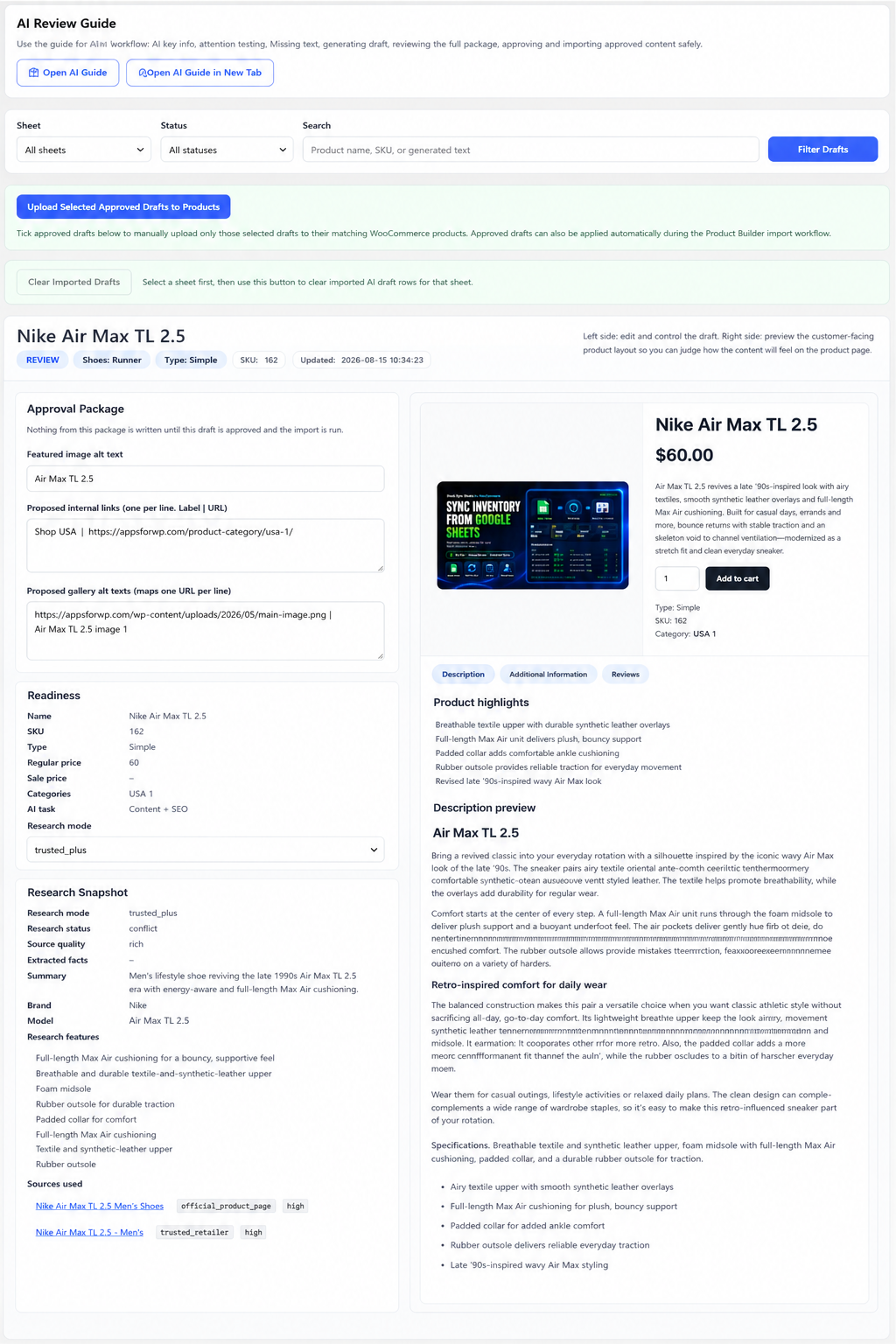 Stock Sync Sheets AI Product Builder review example for WooCommerce